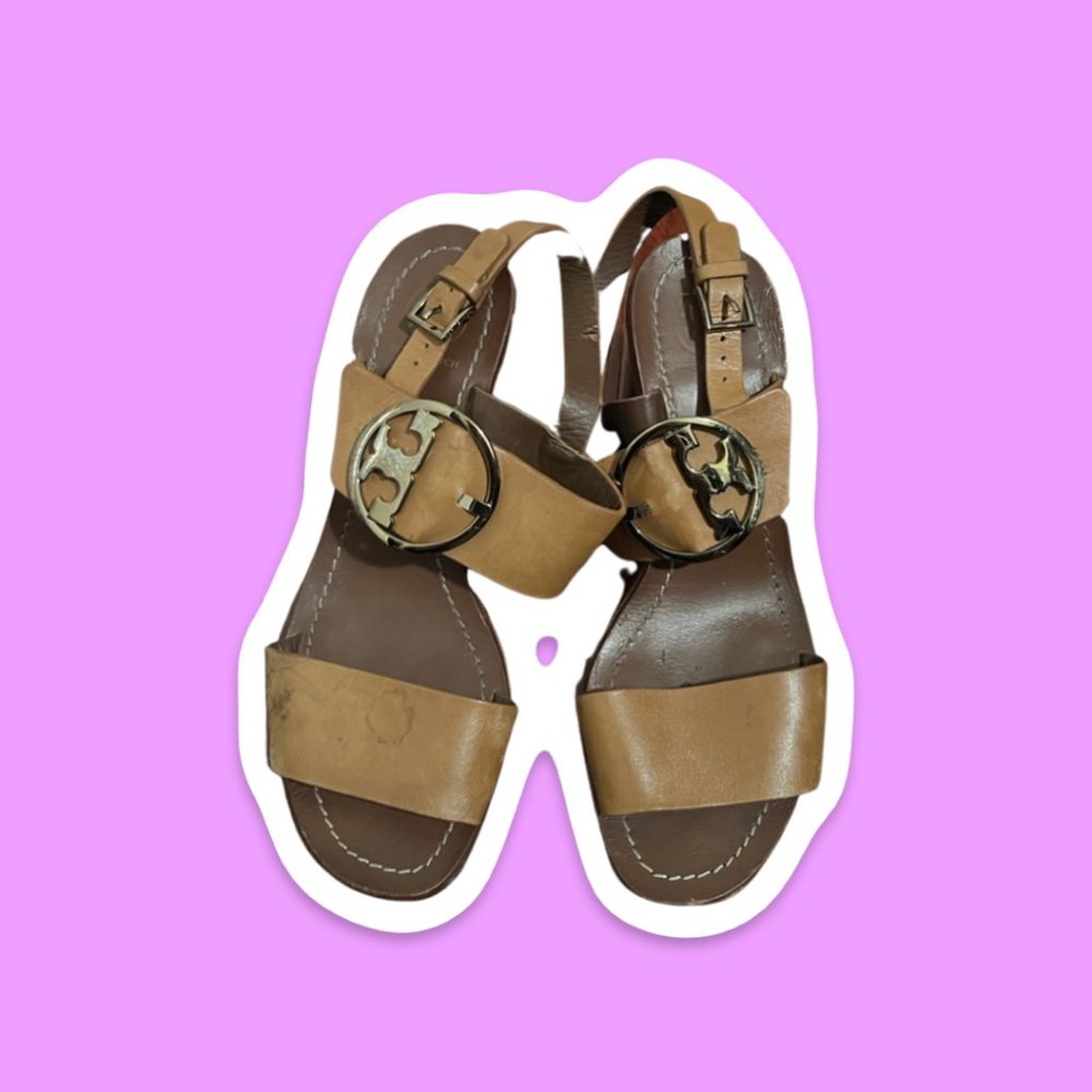 Tory Burch Leather Calf Skin Buckle Logo Sandal Platform Wedges - 8.5
